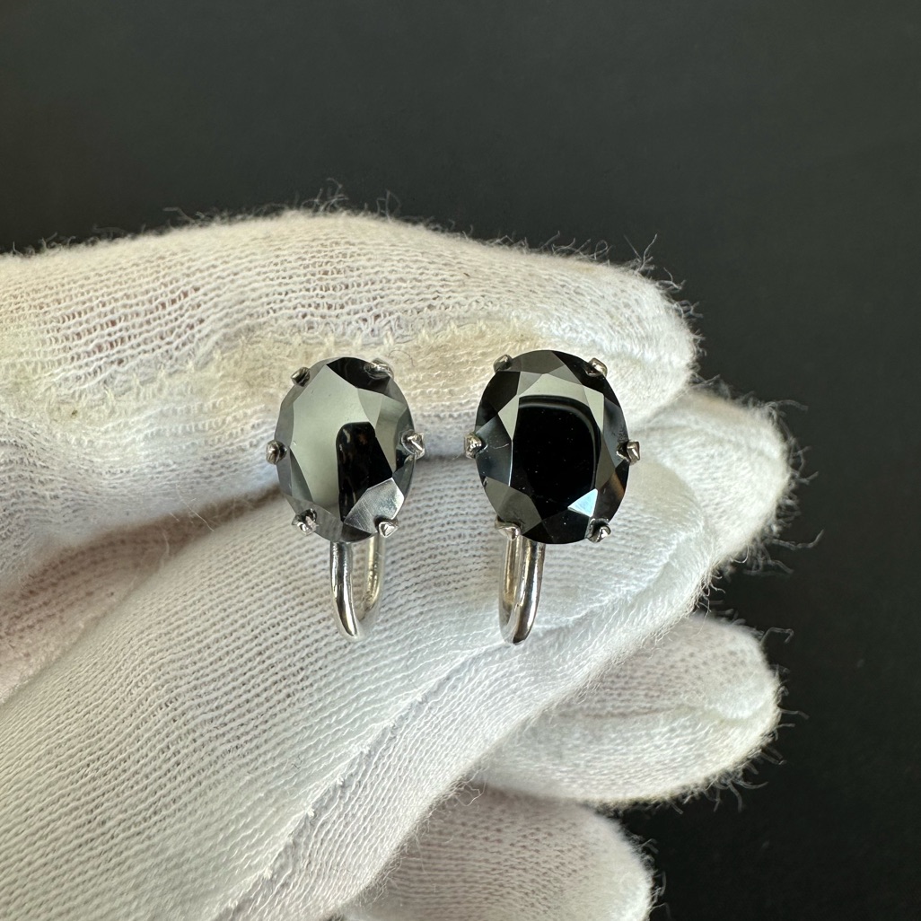 Vtg Sterling Silver Screw Back Earrings Black Charcoal Gray Faceted Hematite